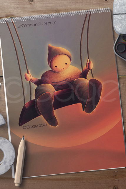 swing scene, child-boy-girl-troll on swing original character design illustration ©Sage 2021 skymoonsun